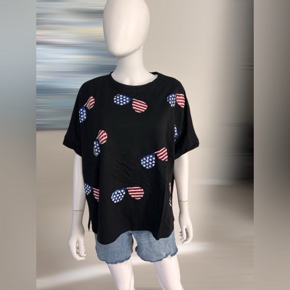 FANTASTIC FAWN patriotic sequin sunglasses oversized top S M L - Picture 4 of 7